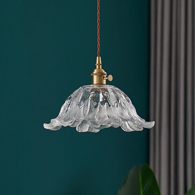 Industrial Gold Pendant Lamp with Ribbed Glass Flower Shape