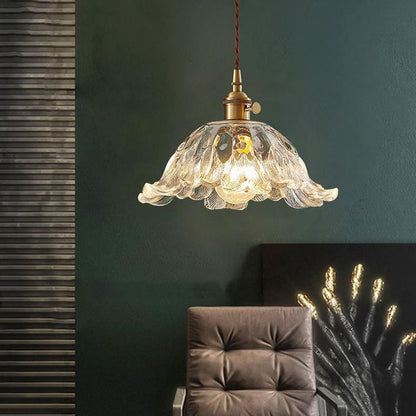 Industrial Gold Pendant Lamp with Ribbed Glass Flower Shape