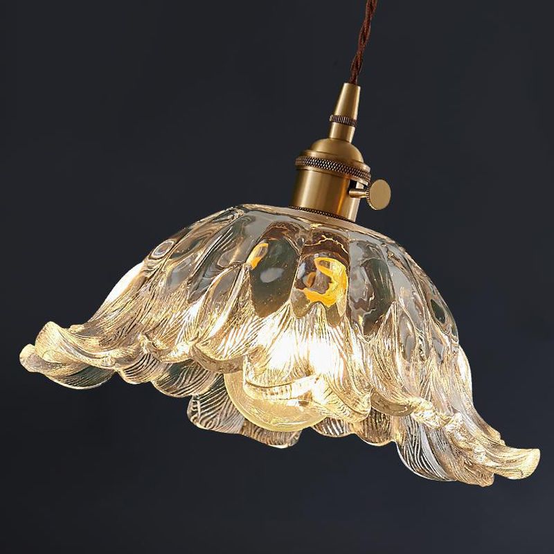 Industriële Gouden Hanglamp met Geribbeld Glazen Bloemvorm