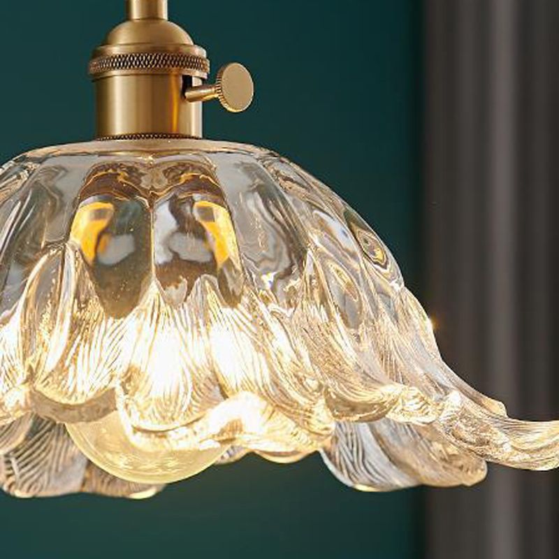 Industriële Gouden Hanglamp met Geribbeld Glazen Bloemvorm