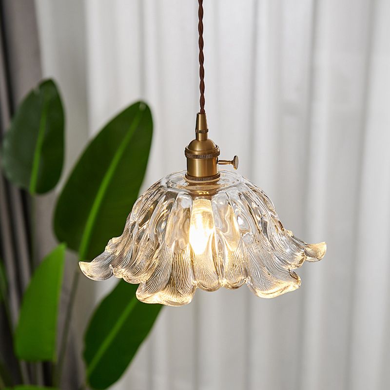 Industrial Gold Pendant Lamp with Ribbed Glass Flower Shape