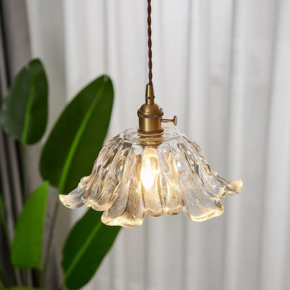 Industrial Gold Pendant Lamp with Ribbed Glass Flower Shape