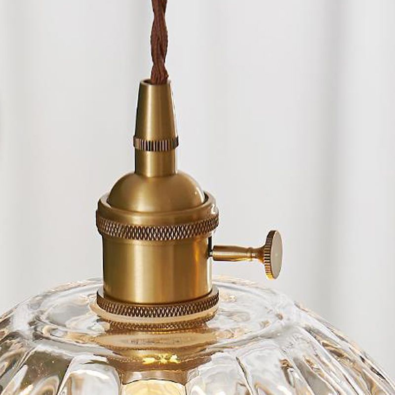 Industrial Gold Pendant Lamp with Ribbed Glass Flower Shape