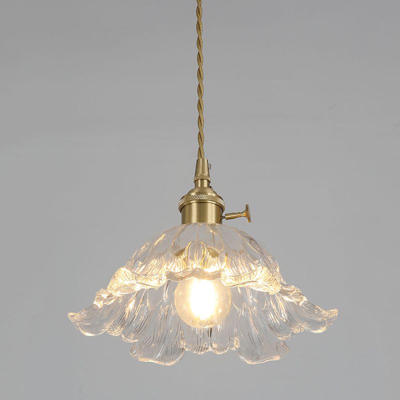 Industrial Gold Pendant Lamp with Ribbed Glass Flower Shape