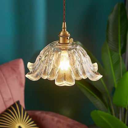 Industrial Gold Pendant Lamp with Ribbed Glass Flower Shape