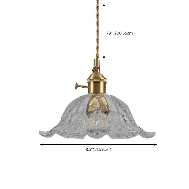 Industrial Gold Pendant Lamp with Ribbed Glass Flower Shape