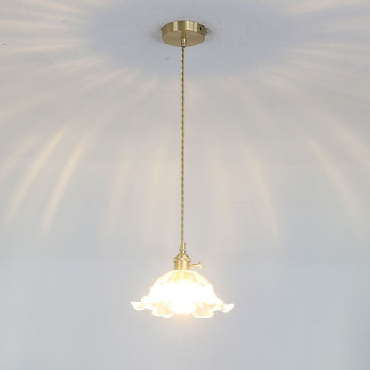 Industrial Gold Pendant Lamp with Ribbed Glass Flower Shape