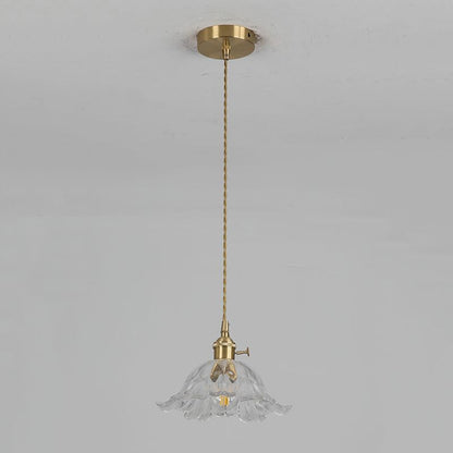 Industrial Gold Pendant Lamp with Ribbed Glass Flower Shape