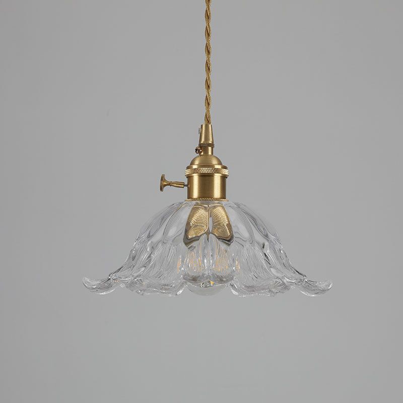 Industrial Gold Pendant Lamp with Ribbed Glass Flower Shape