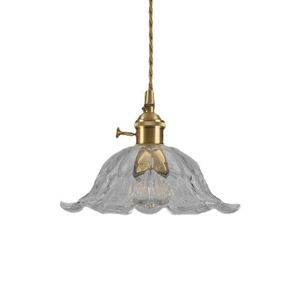 Industrial Gold Pendant Lamp with Ribbed Glass Flower Shape