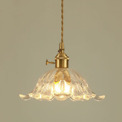 Industrial Gold Pendant Lamp with Ribbed Glass Flower Shape