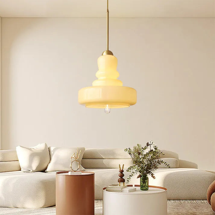 Bauhaus hanglamp van glas en messing/ijzer | GourdGlow